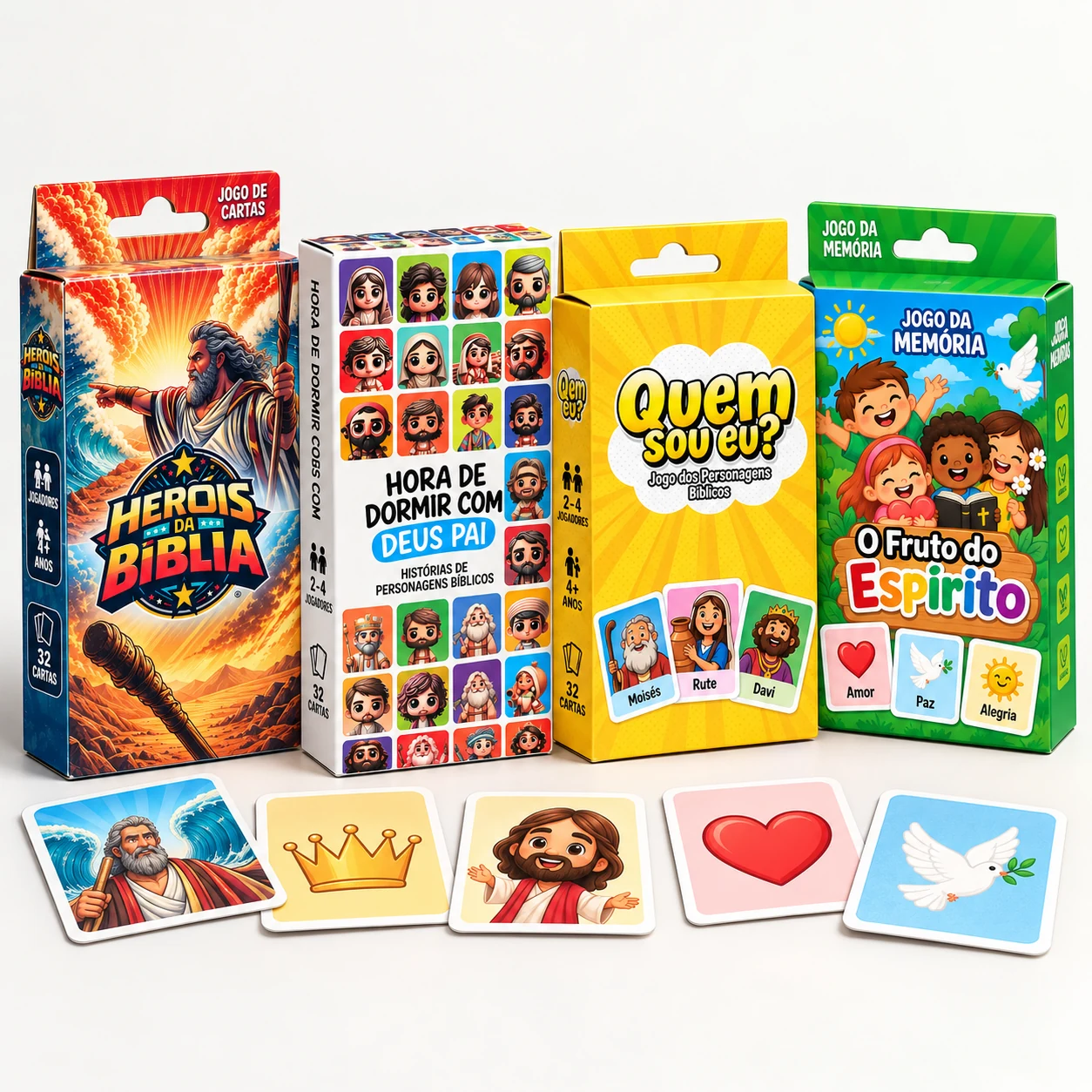 Os quatro jogos bíblicos do kit de lembrancinhas do Dia das Crianças