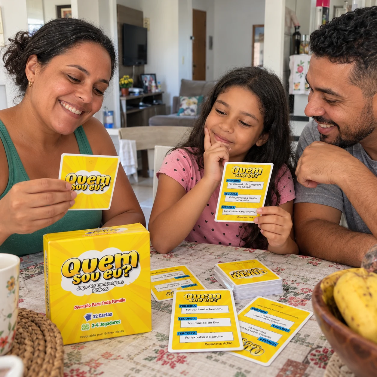 Família reunida à mesa brincando com Quem Sou Eu?